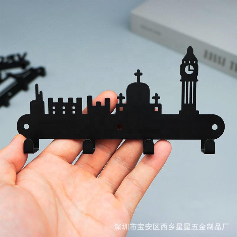 Custom Black Metal Wall Hanger New Laser-Cut Key Holder Wall-Mounted Key Hook for Home Use