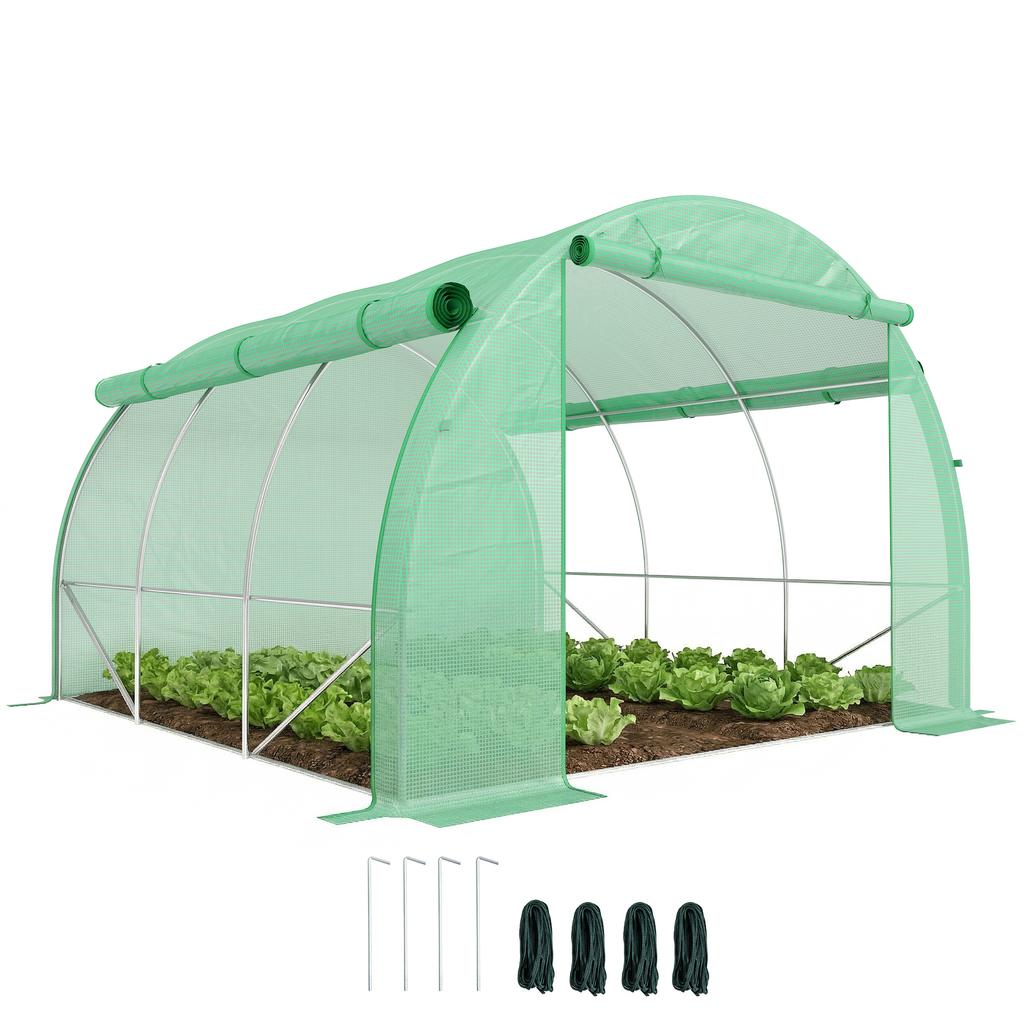 Polytunnel Greenhouse Walk-in Grow House Tent with Roll-up Sidewalls, Zipped Door and 6 Windows, 3x3x2m Green