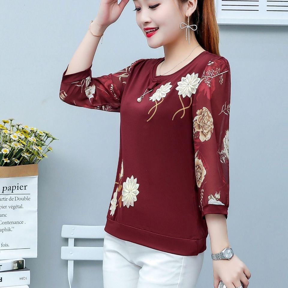 Новый летний короткий топ с рукавами четверти, женская футболка, свободный круглый воротник с принтом, одежда для матери, M-5XL
