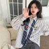 Striped with Tie Shirt for Ladies Summer Autumn Loose Vintage Preppy Style Blouses Cute Parts Student Besties Clothes