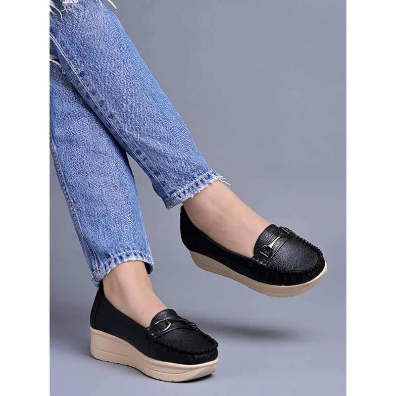 Shoetopai Women'S Black Comfort Loafers Soft Faux Leather Slip-On Shoes With Cushioned Sole, Casual Footwear Eu37