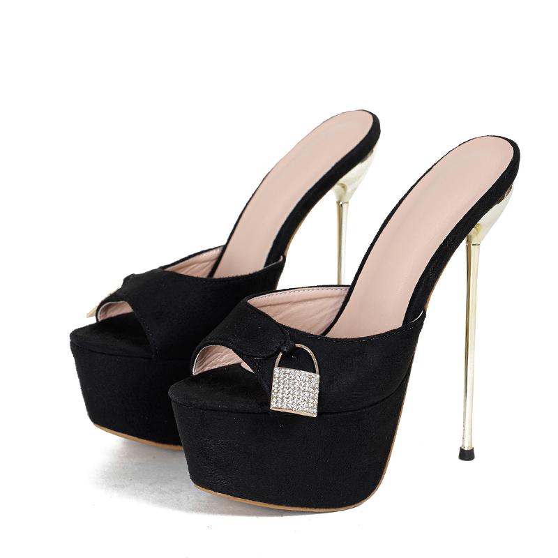 Женские тапочки со стразами, декоративные босоножки на платформе и сверхвысоком каблуке из замши, модные повседневные туфли-мюли для вечеринок