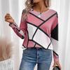 Spring and Autumn Round Neck Geometric Color Block 3D Printed Top Fashionable Casual Long Sleeved Women's T-shirts