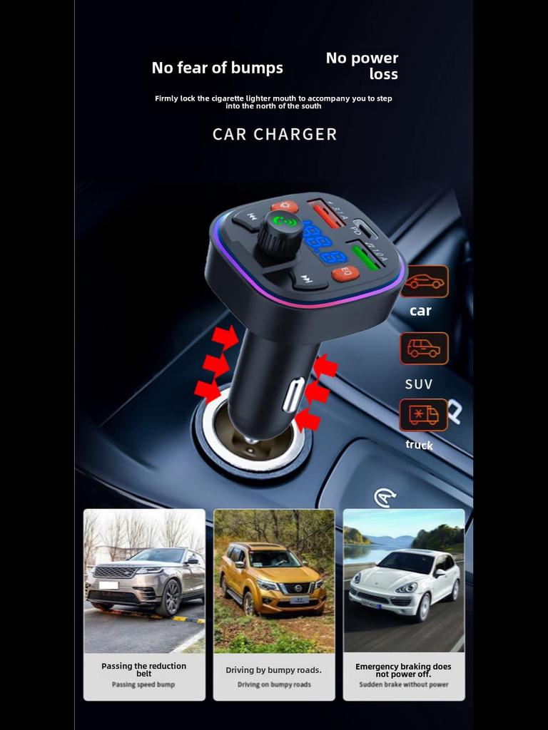 Q5 Car Bluetooth Charger with Dual Ports, FM Modulation, Blue Ambient Light, MP3 Player, and Fast Charging