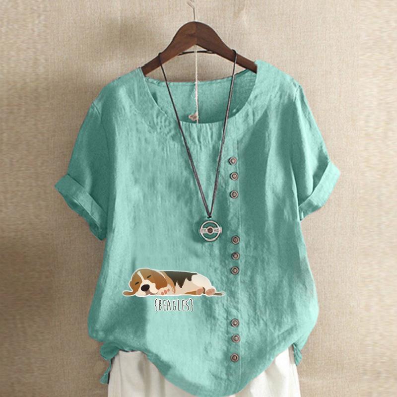 Women's Fashion Round Neck Short Sleeve T-shirt Casual Cotton Linen Graphic Shirt Leisure Loose Dog Prined Summer Blouse Tops Plus Size