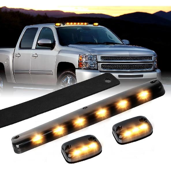 3X LED Cab Marker Lights Smoked Lens Amber Cab Top Roof Running Light Assembly Compatible with Silverado/Sierra 1500 2500 2500HD 3500 3500HD 2014