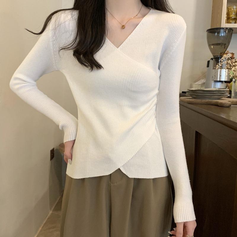 Хаки короткая вязаная базовая рубашка женская осенняя популярная модель свитер высококачественный облегающий топ с длинным рукавом