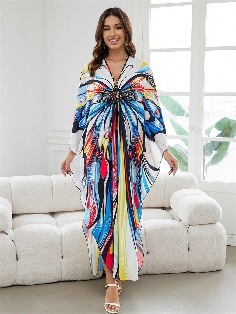 EDOLYNSA Boho красочный принт бабочки ручной вязки V-образным вырезом с рукавами «летучая мышь» плюс размер кафтан платье для женщин 2024 летняя пляжная одежда бикини накидки Q1588