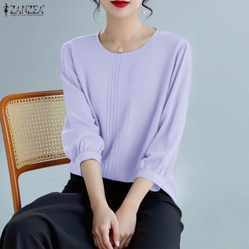 ZANZEA Женская повседневная однотонная блузка с круглым вырезом и рукавом 3/4