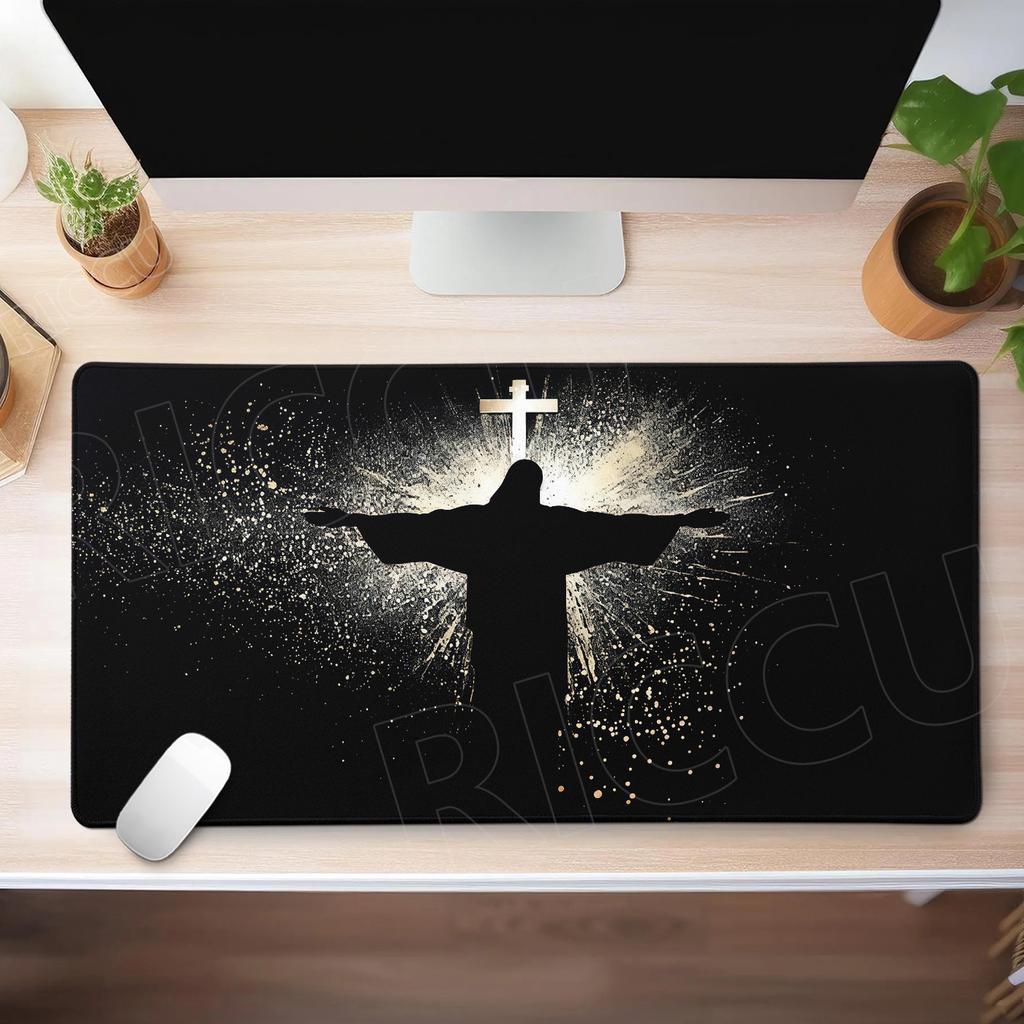 Black Mousepad Jesus & Cross Mouse Pad Large Desk Accessories Desk Pad Office Rubber Non-Slip Mousemat PC Cabinet Deskmat Carpet