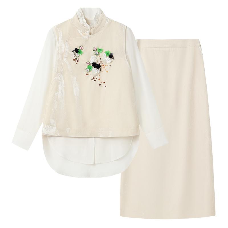 Fashion national style new women's clothing new Chinese temperament embroidered flower beaded vest + shirt skirt set NZ119