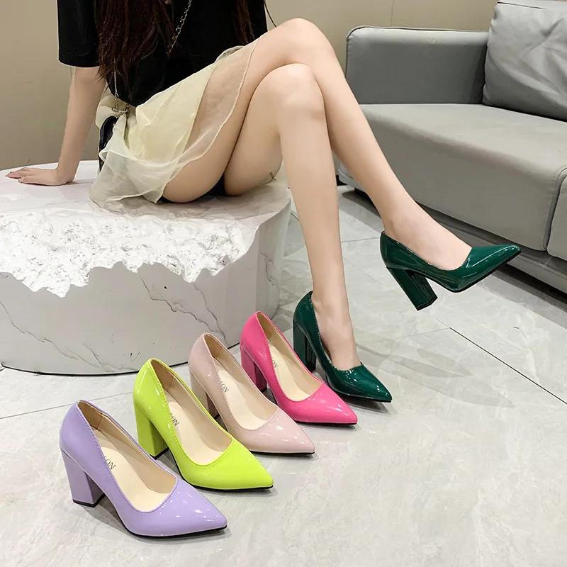 Fashion 2025 Shoes Thick Heel Woman Pumps Candy Color Women  Office Pointed Toe High Heels Wedding Female Heel Shoes