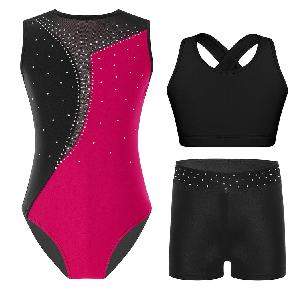 Girls Sleeveless Dance Set Shiny Rhinestone Contrast Color Gymnastics Leotard with Shorts and Top
