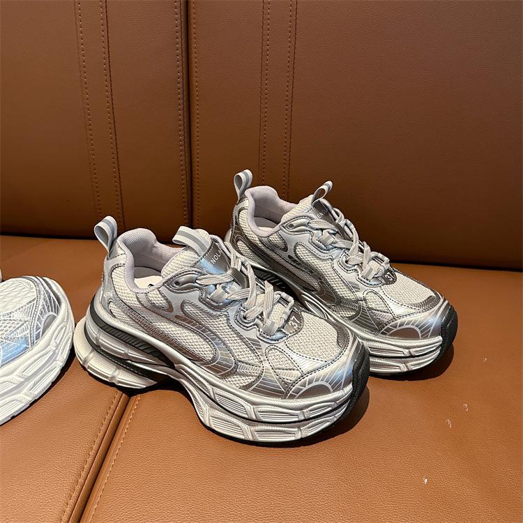 Спортивная обувь Летние серебристые толстые кроссовки Pops Shoes Женские увеличивающие рост дышащие сетчатые тонкие модели удобные классические повседневные кроссовки