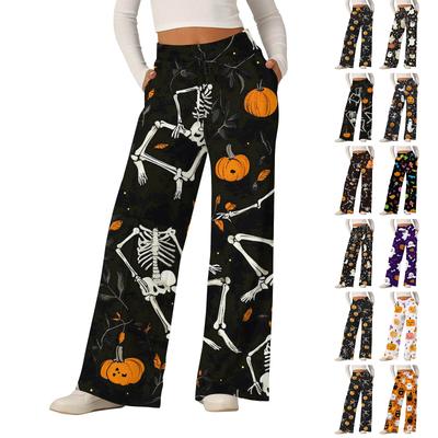 Женские модные свободные повседневные брюки с принтом на Хэллоуин с широкими штанинами
