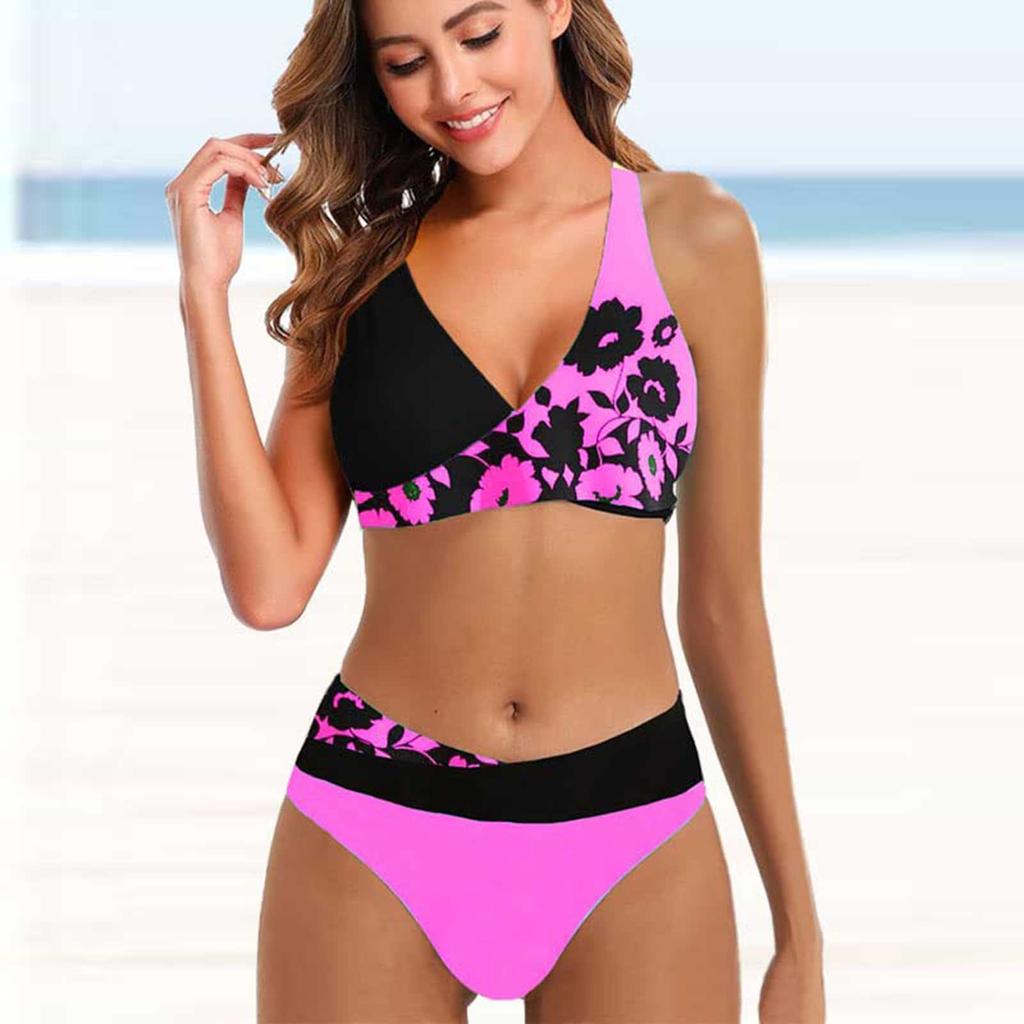 Women's Fashion Split High Waist Printed Bikini With Bra Pads And No Steel Bra Swimsuit