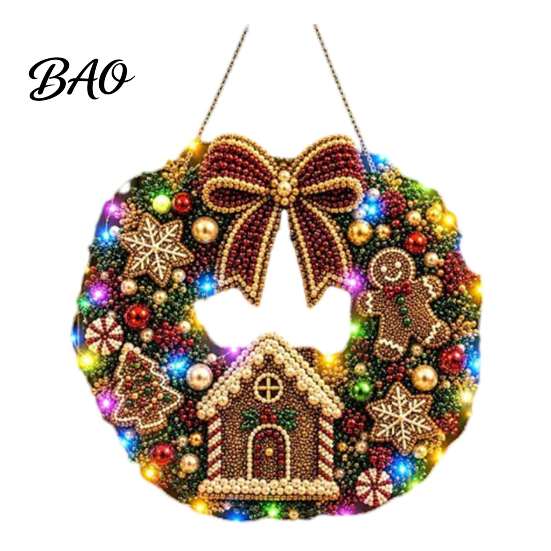 Seasonal Holiday Crafting Set Christmas Diamond Painting Wreath Kit with LED String Lights, Snowman Pearl Art Shiny Acrylic Craft for Adults,