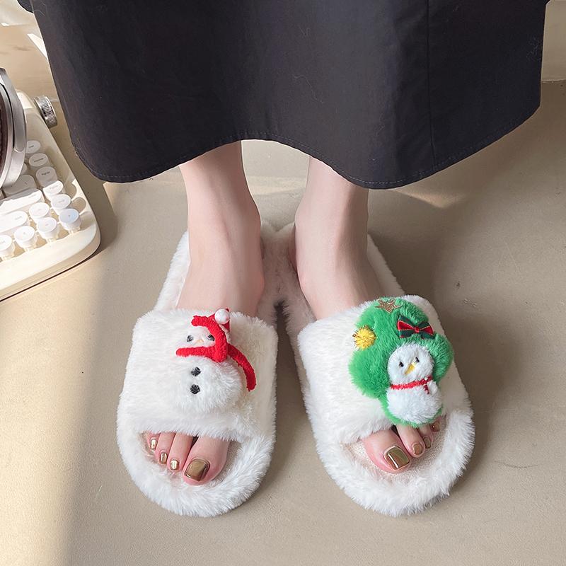 Теплые пушистые тапочки женские толстые пушистые меховые тапочки снеговик новогодняя елка домик шлепанцы домашние тапочки плоская домашняя обувь на полу