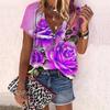 Женский топ, летний новый модный топ с цветком розы, повседневный топ с короткими рукавами и застежкой-молнией с v-образным вырезом и ярким розовым принтом