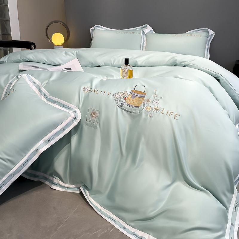 Комплект из четырех предметов из стираного шелка, высококачественное постельное белье из ледяного шелка, вышитое одеяло, покрывало, простыня, комплект из трех предметов