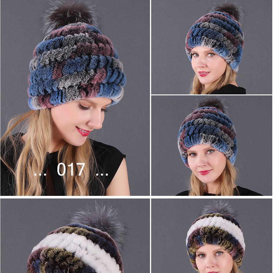 Женская меховая шапка из кролика рекс и помпоном из лисьего меха для осени и зимы