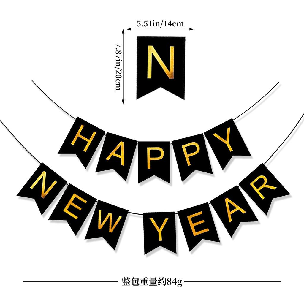 Black Gold Happy New Year Banner New Year'S Eve Party Arrangement Fireworks Cheers Banner Latte Custom