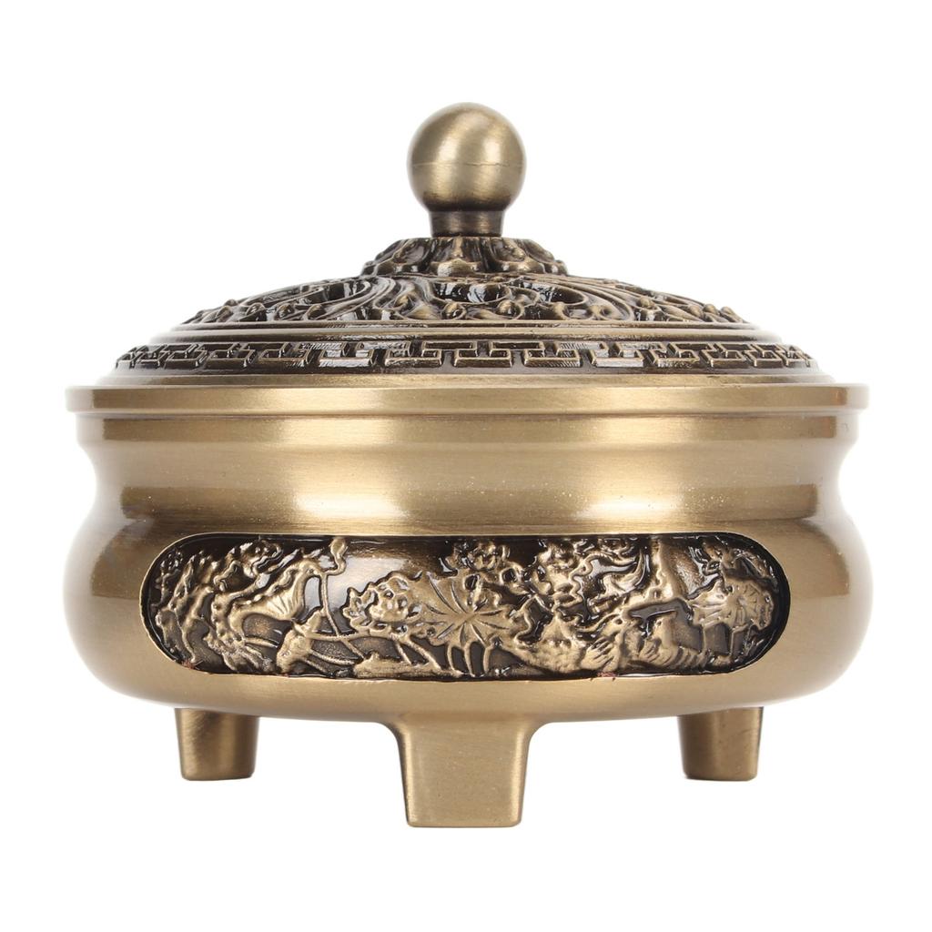 Coil Incense Burner with Lid Antique Beautifully Carved Electroplating Zinc Alloy Incense Burner