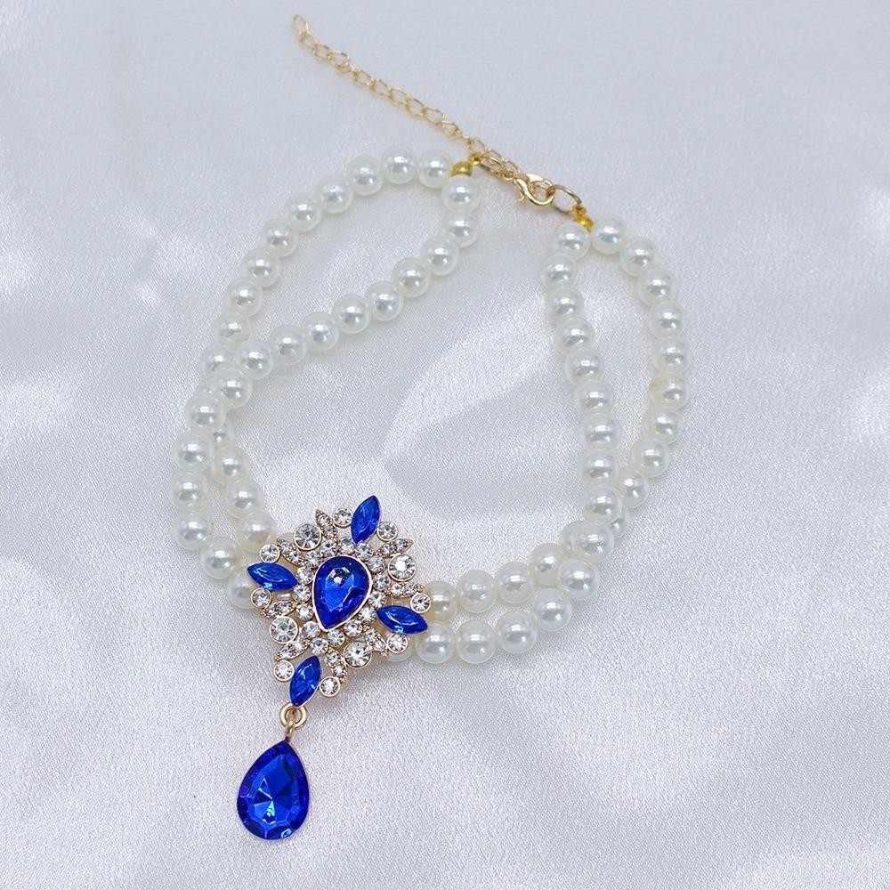 Cute Double Layer Pet Pearl Necklace Vintage Adjustable Cat Neck Chain Glamorous Crystal Cat Pearl Collar Pet Show