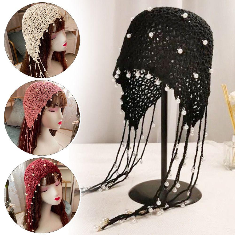 Pearl Bun Hats Ethnic Headscarf Hats Cute Tassels Hats Outdoor
