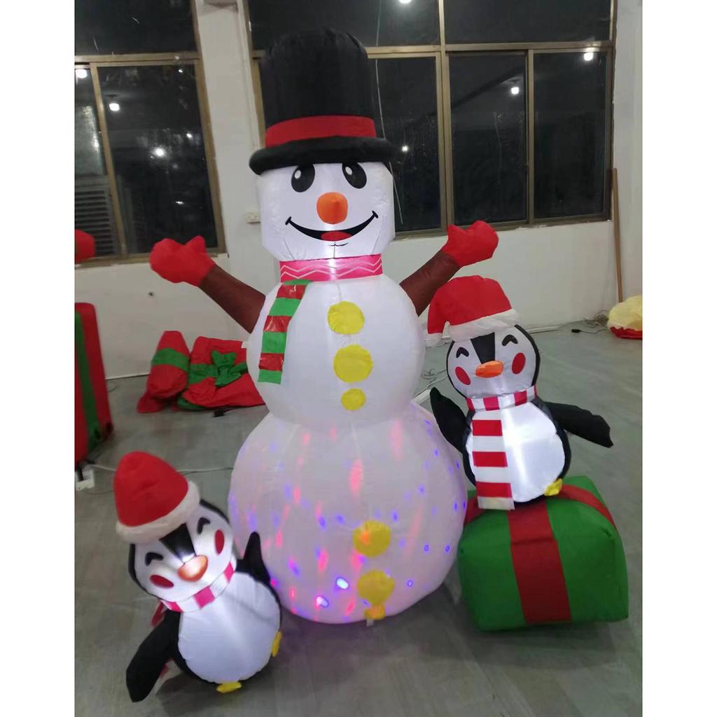 Christmas Inflatable Snowman with Two Cute Penguins Luminous Toy Ornament Large Snow Man Xmas