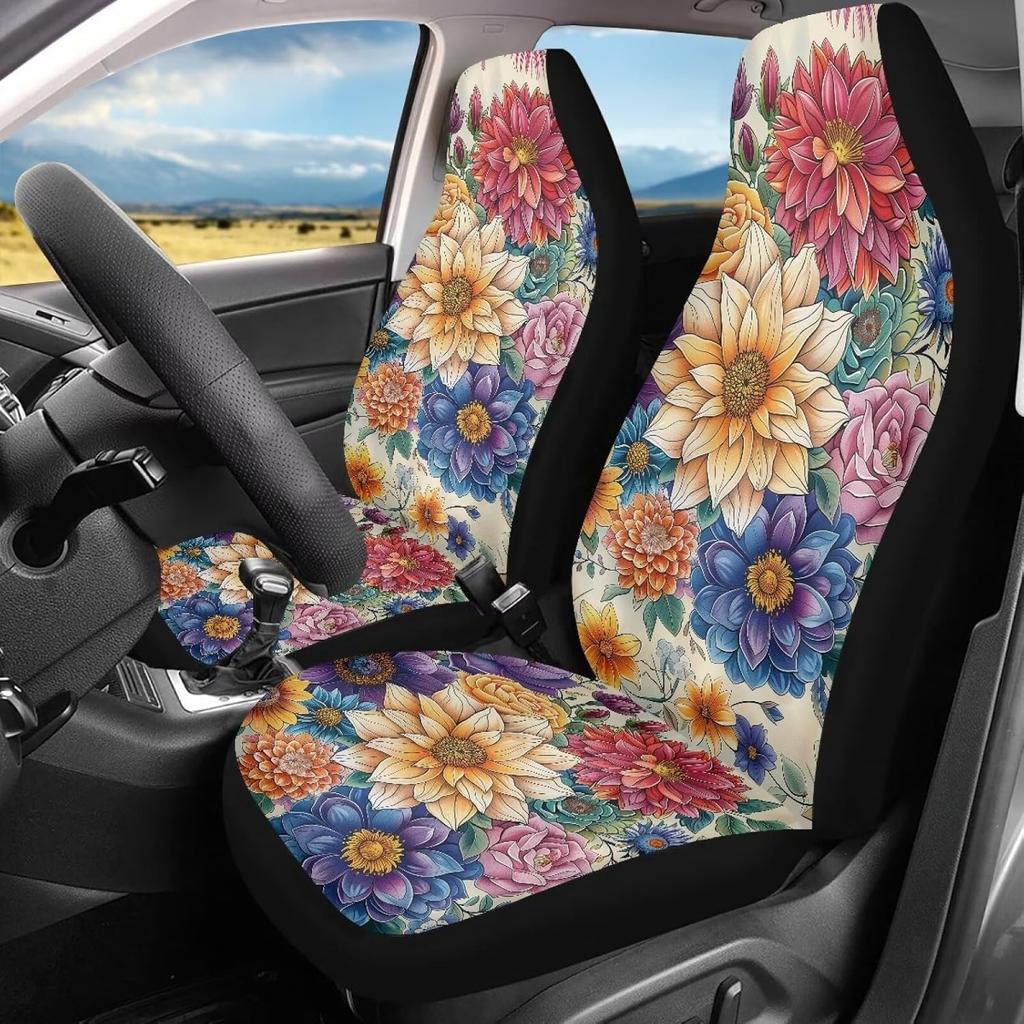 Чехлы на сиденья автомобиля Bulopur Black Boho Цветочные, Только для передних сидений, для женщин и мужчин, с карманом-органайзером, для автомобилей, внедорожников, грузовиков, седанов
