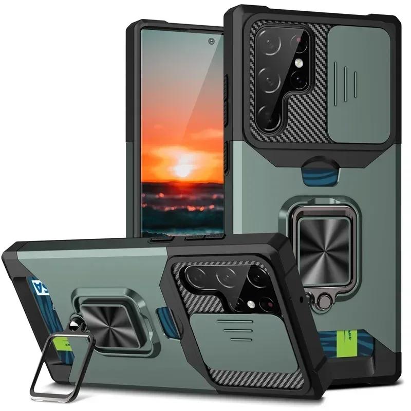 Ударопрочный чехол Armor для Samsung Galaxy S25 Ultra Plus S24FE A16 A06 A55 с кольцом-подставкой, выдвижной камерой, объективом, чехлом-кошельком для карт Solt