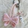 Cute Fuzzy Kitty Cat Heart Bow Keychain Kitten Kawaii Pink Bow Pearl Heart