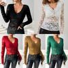 Women's Elegant V-neck Scalloped Collar Edge Solid Color Long Sleeve Slim Thin Pullover Lace Tops Versatile Closet Essential Fashion Items Shirt