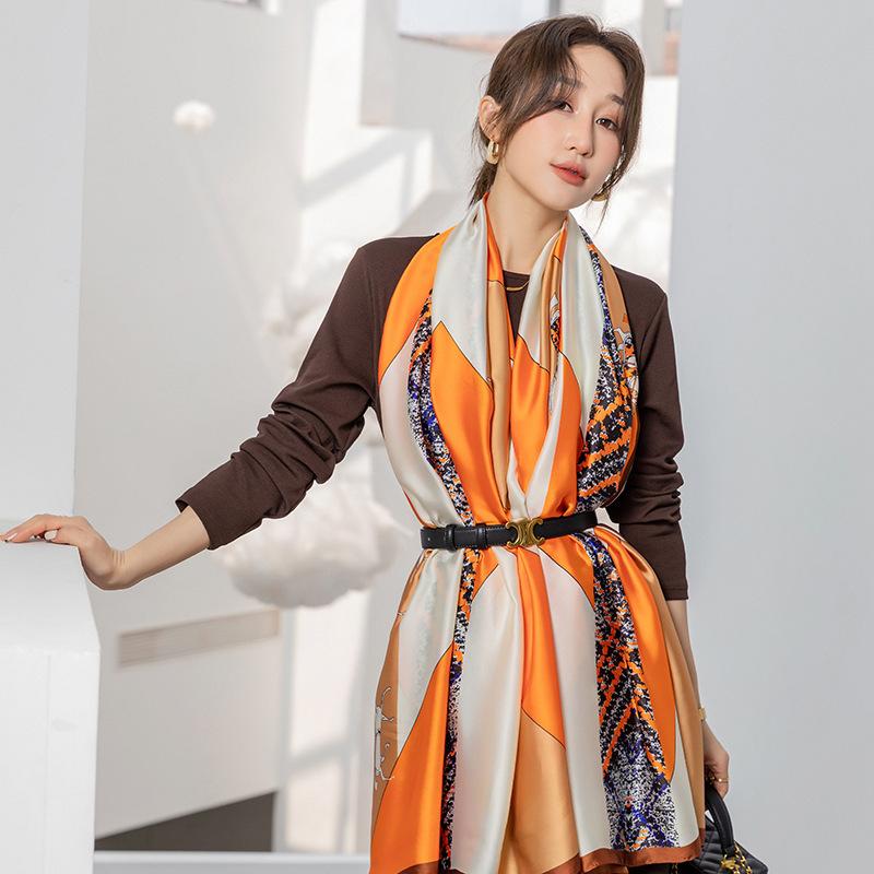 Ранняя весна, новый простой красочный геометрический длинный шелковый шарф с цветными блоками, корейская версия дамского темпераментного длинного платка для путешествий