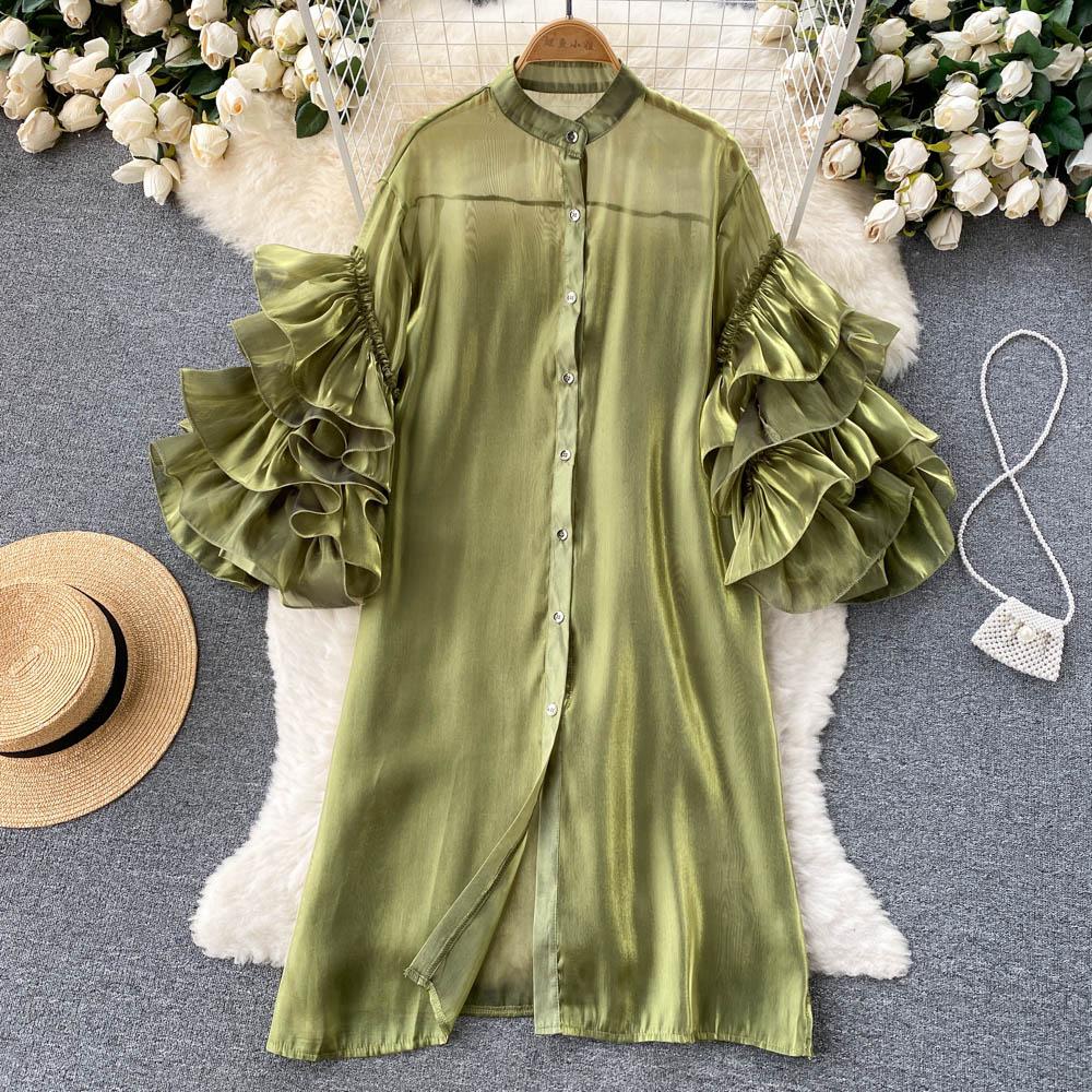 RUGOD Весеннее однобортное платье в европейском и американском стиле с французскими рюшами и трехмерными цветочными рукавами