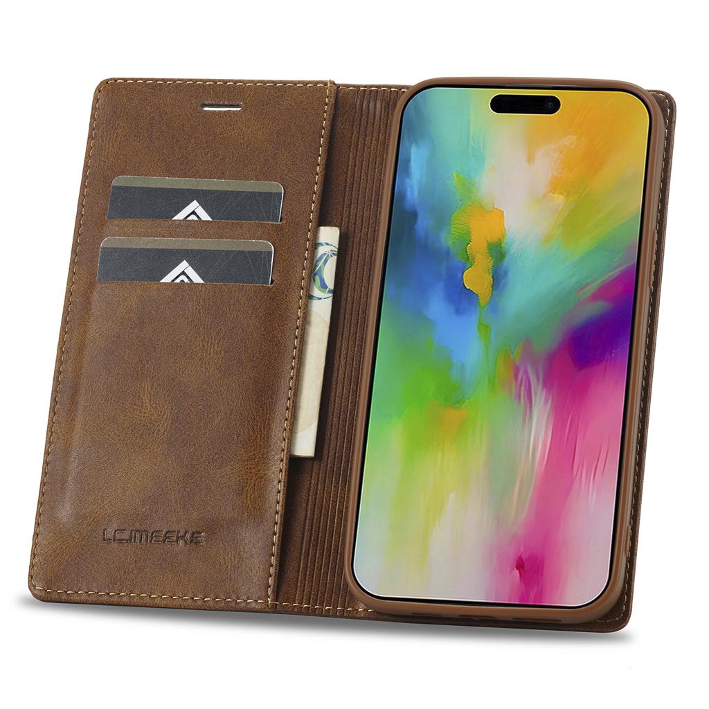 LC.IMEEKE For iPhone 16 Pro Leather Case RFID Blocking Card Slots Phone Cover