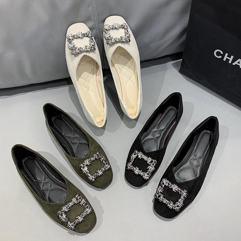 Туфли со стразами весна и осень квадратный носок мелкий вырез плоская подошва удобные одинарные туфли женские