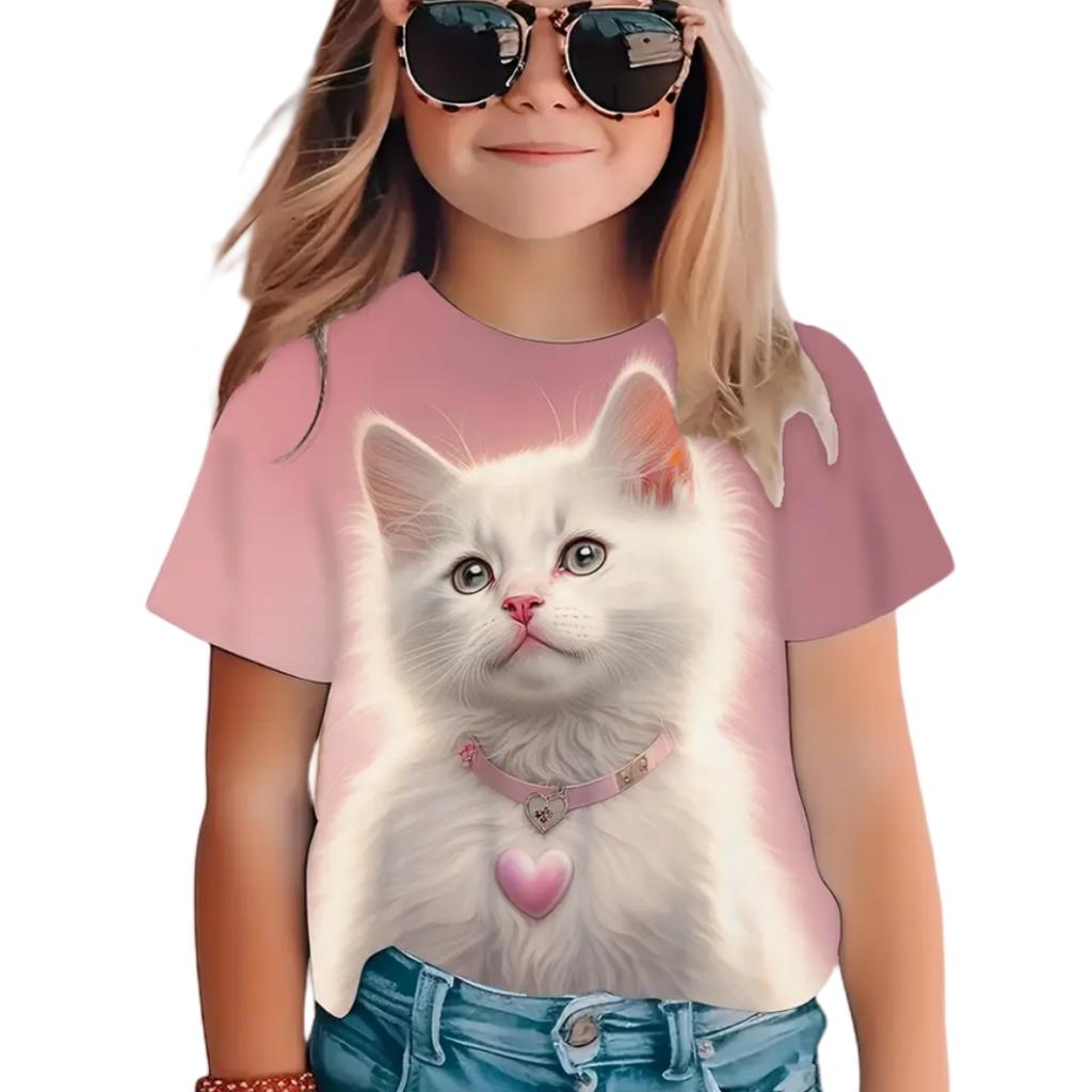 Каваи Футболки с Котиками для Детей Топы Девочка Футболка с Коротким Рукавом Летняя Одежда для Девочек Одежда с Круглым Вырезом Уличная Футболка для Мальчика