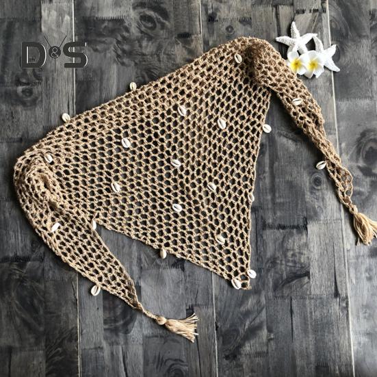 Summer Beach Shawl Sequin Shell Embellished Hollow Fishnet Bikini Shawl Pullover Cover Up Beachwear Beach Wrap