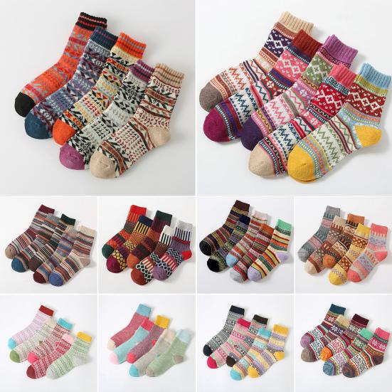 5 Pairs Winter Warm Crew Socks for Women Thick Mid-Calf Knitted Socks Retro Ethnic Style Socks for Christmas Gifts