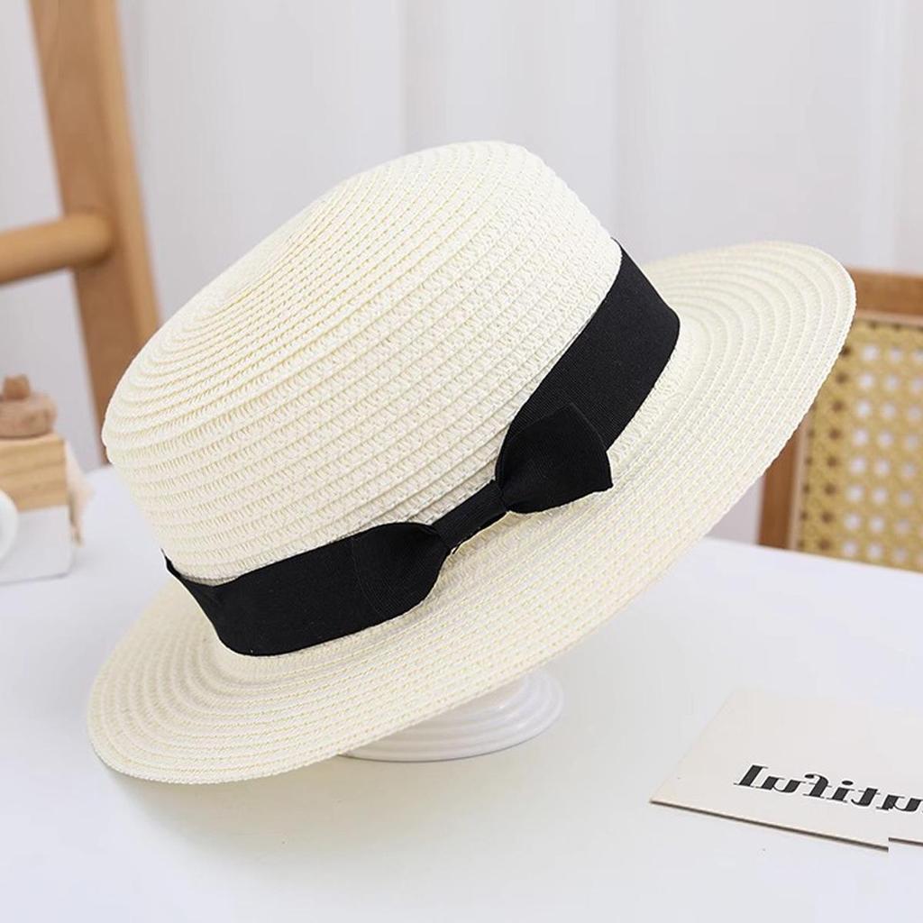 Women's French Summer Straw Hat, Large Brim, Ribbon, Flat Top, Outdoor Travel Sun Protection