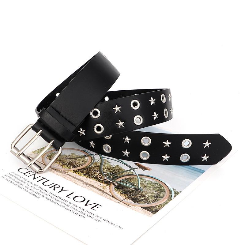 Leather Style Punk Belt With Three Row Hollow Square Buckle Bullet Head Design