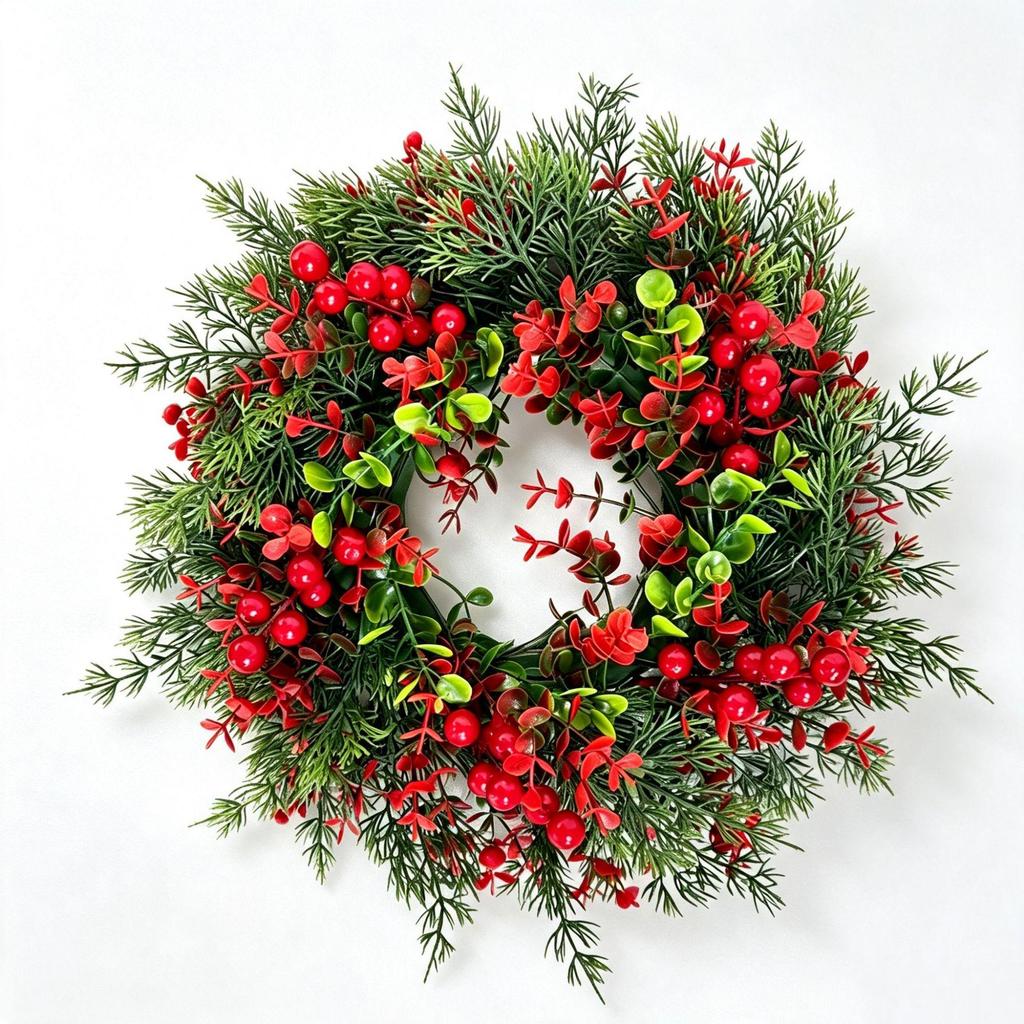 Christmas Red Berry Wreath with Bow - Decorative Hanging for Doors and Windows