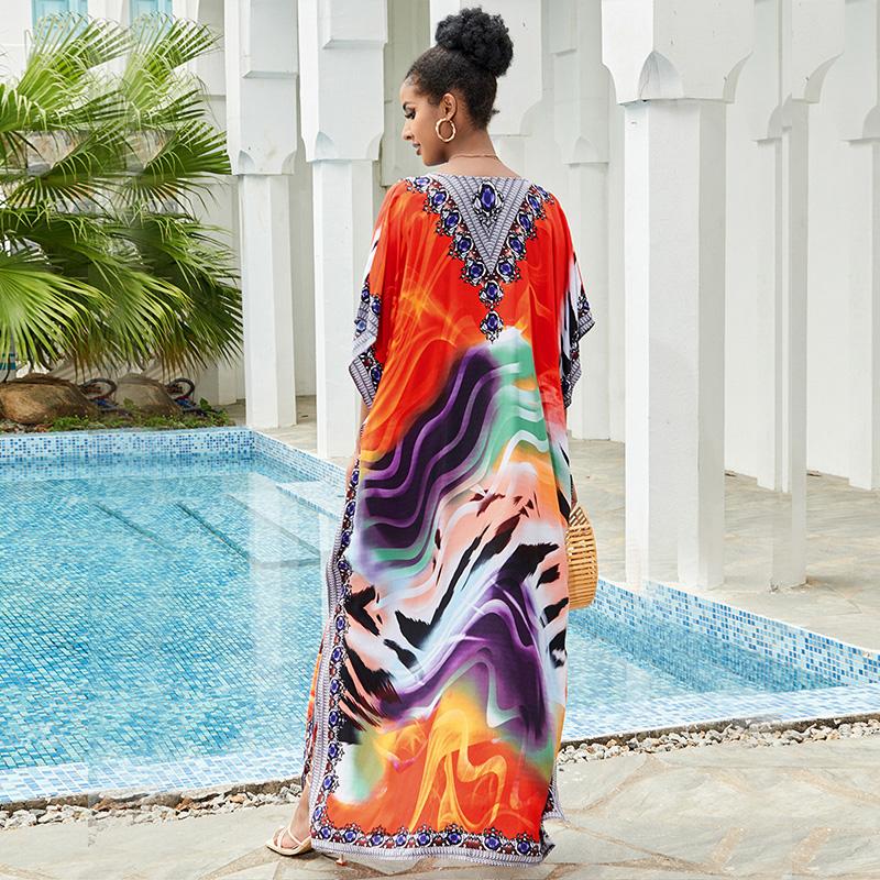 EDOLYNSA Красочное богемное платье-кафтан для женщин с v-образным вырезом, накидка для купания, плюс размер, пляжная одежда с рукавами «летучая мышь», длинный отпускный халат Q841