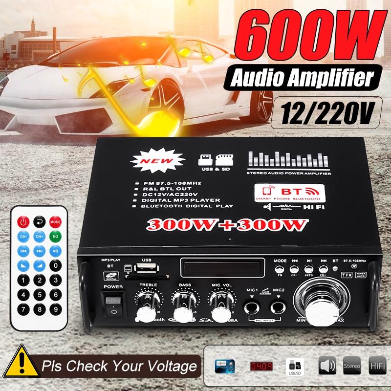 600 Вт 12 В/220 В HIFI аудио стерео усилитель мощности Bluetooth FM-радио 2CH автомобильный дом