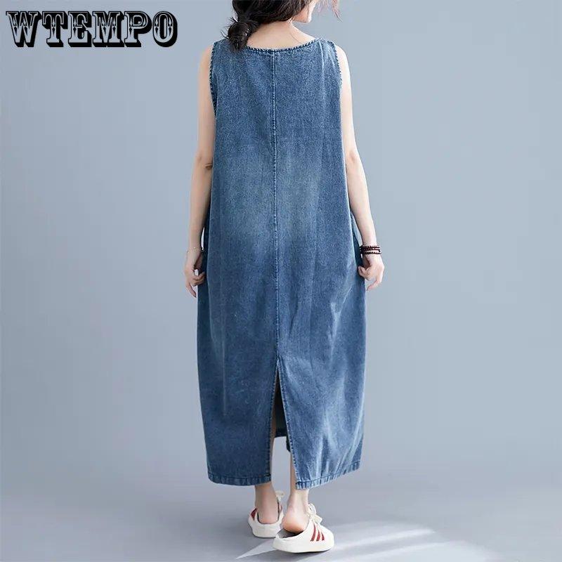 WTEMPO Женское дешевое синее джинсовое платье, женское летнее однотонное платье с v-образным вырезом, повседневное винтажное платье без рукавов с большими карманами, свободные джинсовые платья в стиле ретро.