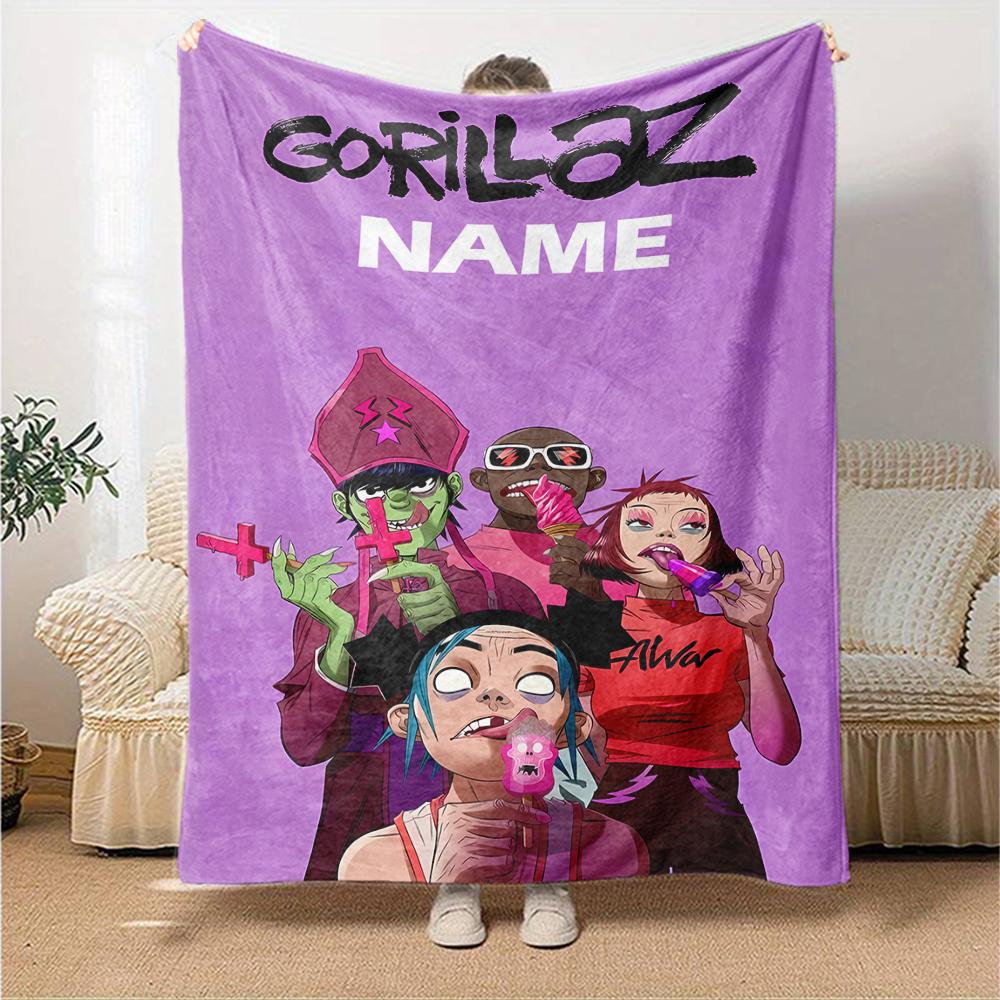 Custom Name Gorillaz Theme Printed Blanket - Perfect for Couch, Bed, Travel & Outdoor Use | Machine Washable, Cozy & Durable.