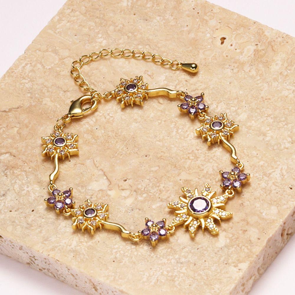 Luxury Sunflower Bracelet Fashion Shiny Rhinestone Bangle Pink Cubic Zirconia Chain Wedding