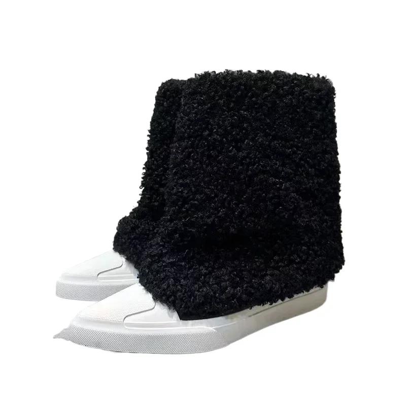 Модные женские ботильоны с острым носком на меху на плоской подошве, дизайнерские плюшевые туфли для женщин, тренд 2025 года, готические ботинки челси, зимние новые женские зимние ботинки